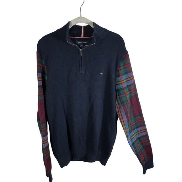 Tommy Hilfiger Quarter Zip Navy Blue Paid Print Sleeves Men’s Sweater - Picture 6 of 7